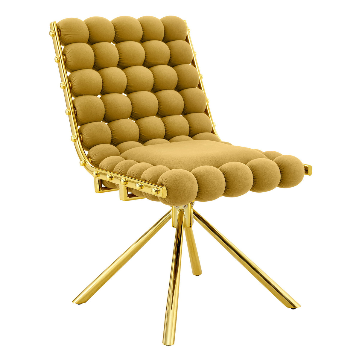 Yellow bubble-tufted dining chair with gold frame, rounded seat and back.