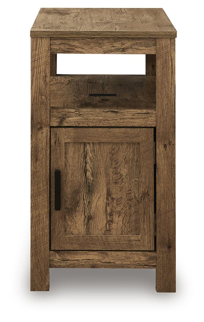 Light brown wooden chair side end table with one cabinet door and shelf