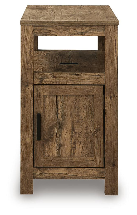 Light brown wooden chair side end table with one cabinet door and shelf