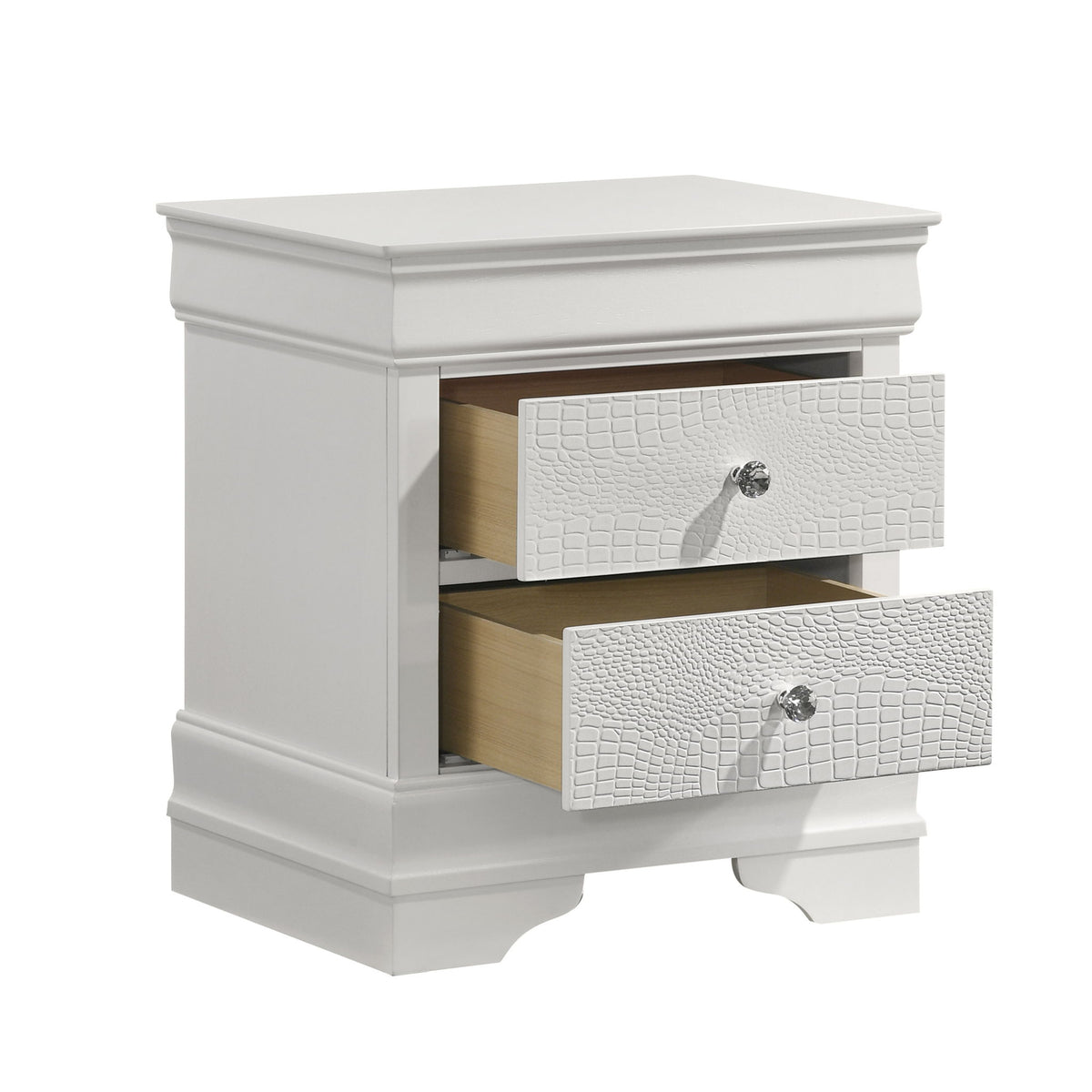White modern 2-drawer nightstand with drawers open and metal knob pulls