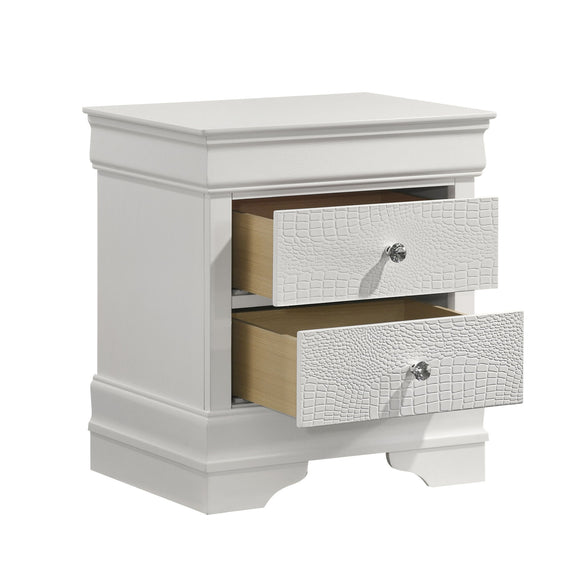 White modern 2-drawer nightstand with drawers open and metal knob pulls