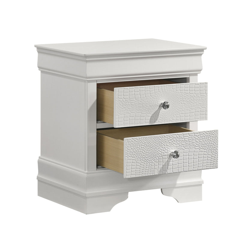 White modern 2-drawer nightstand with drawers open and metal knob pulls