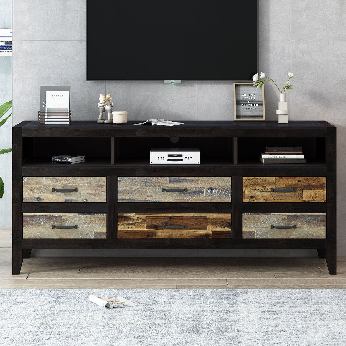 Retro Distressed Wooden TV Stand For TVs Up To 65", Entertainment Center Media Console With 6 Drawers And 3 Shelves For Living Room