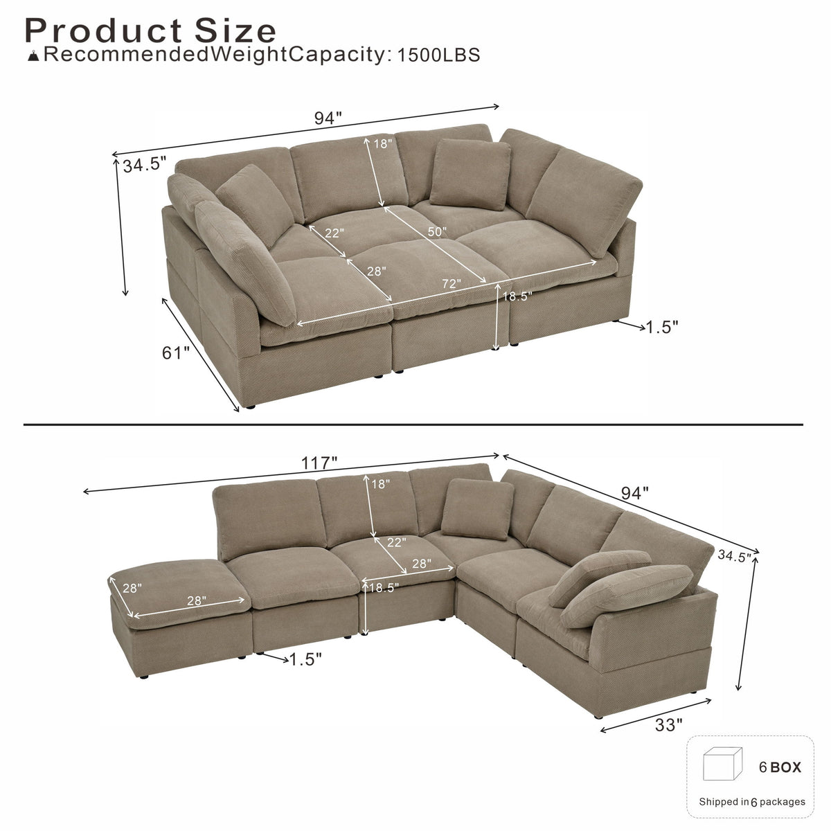 Light brown modular sofa in loveseat and L-shaped layouts, with dimensions shown.
