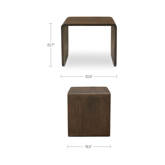 Dark brown wood side table, open top shelf and solid square base
