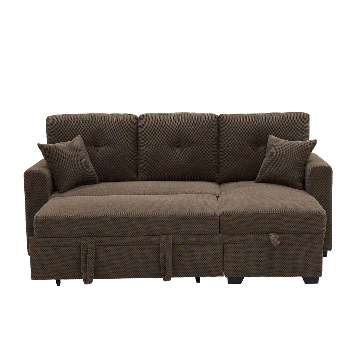 Dark brown sectional sofa with chaise, two throw pillows, and pull-out bed front