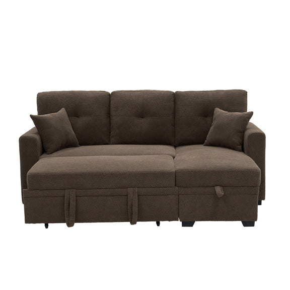 Dark brown sectional sofa with chaise, two throw pillows, and pull-out bed front