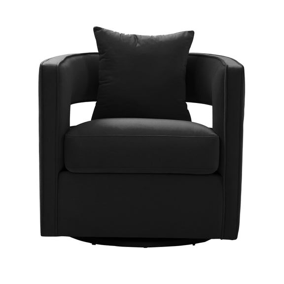 Black swivel chair with back pillow, padded arms, and cushioned seat