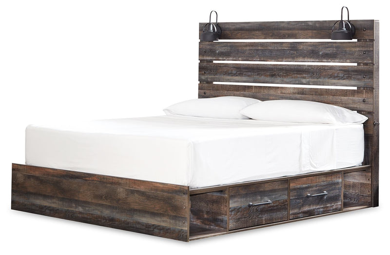 Dark wood panel bed with slatted headboard, white mattress, and two drawer fronts