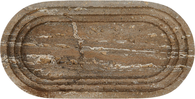 Gray-brown marble oval tray with deep concentric grooves and speckled finish