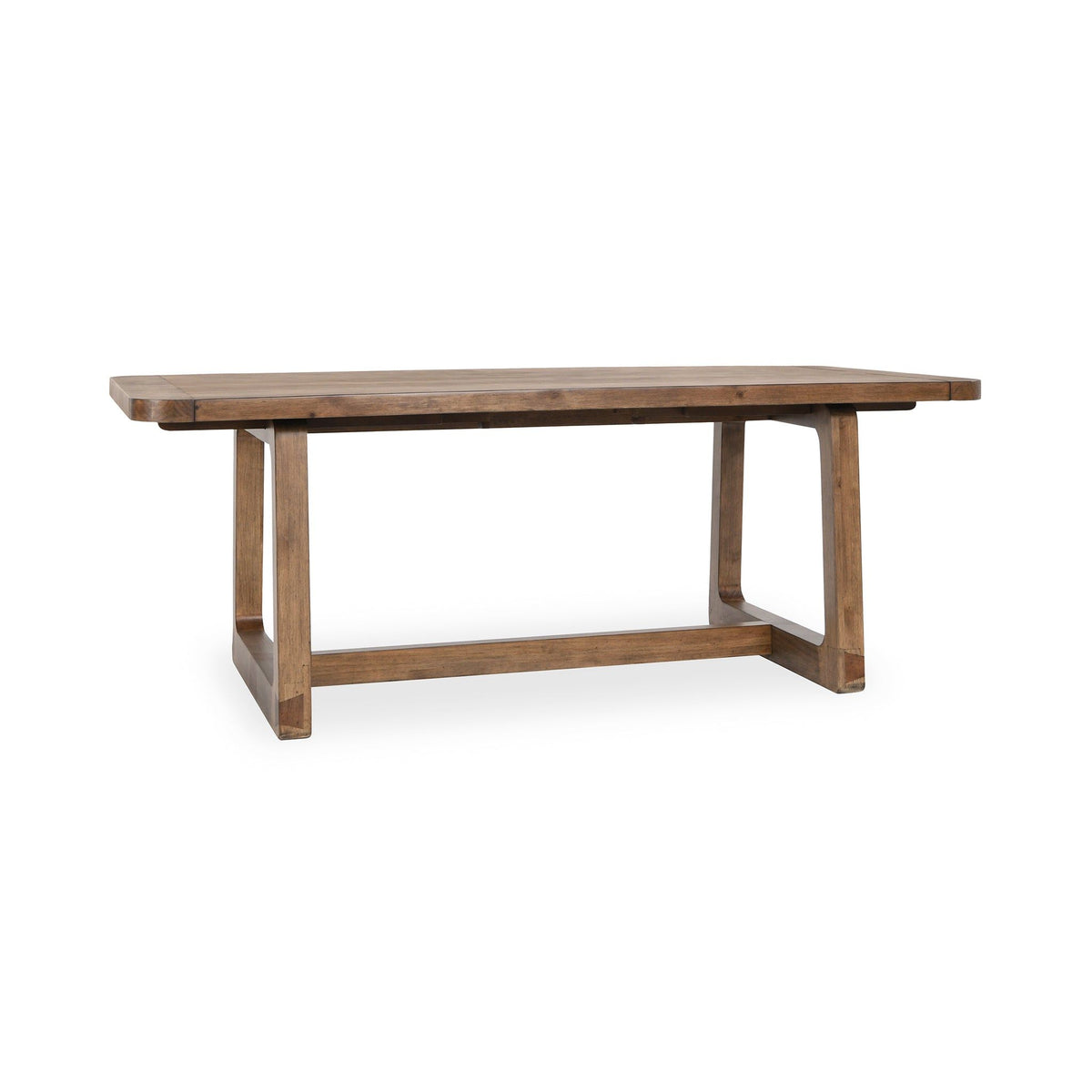 Rectangular smoke-brown dining table with trestle base, side view