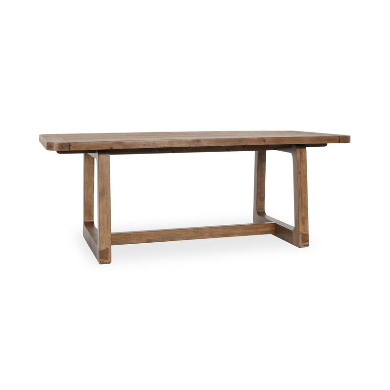 Rectangular smoke-brown dining table with trestle base, side view