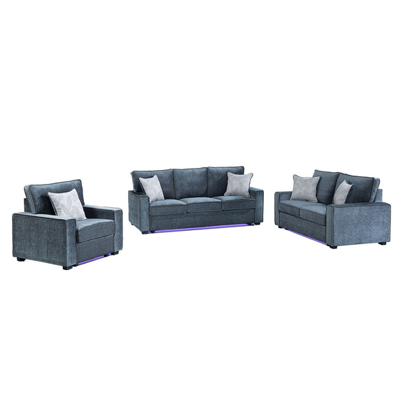 Rita LED living room set, two chairs and sofa in blue-gray fabric with pillows