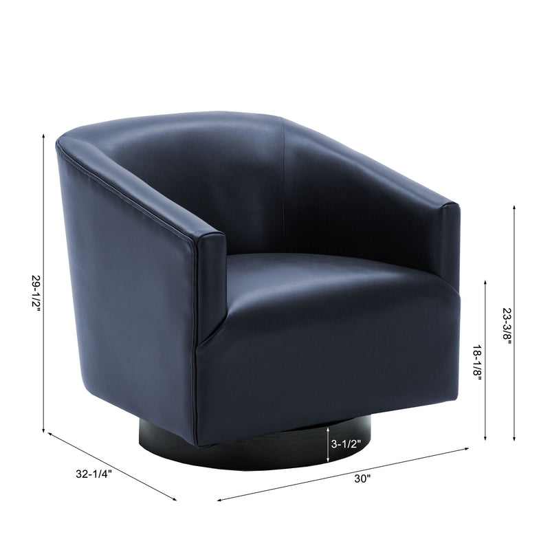 Blue faux leather swivel chair with seat width and depth dimensions shown