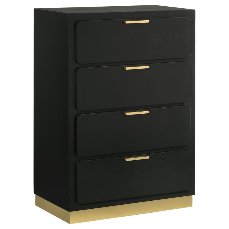 Four-drawer chest in dark finish with gold bar pulls and recessed drawer fronts