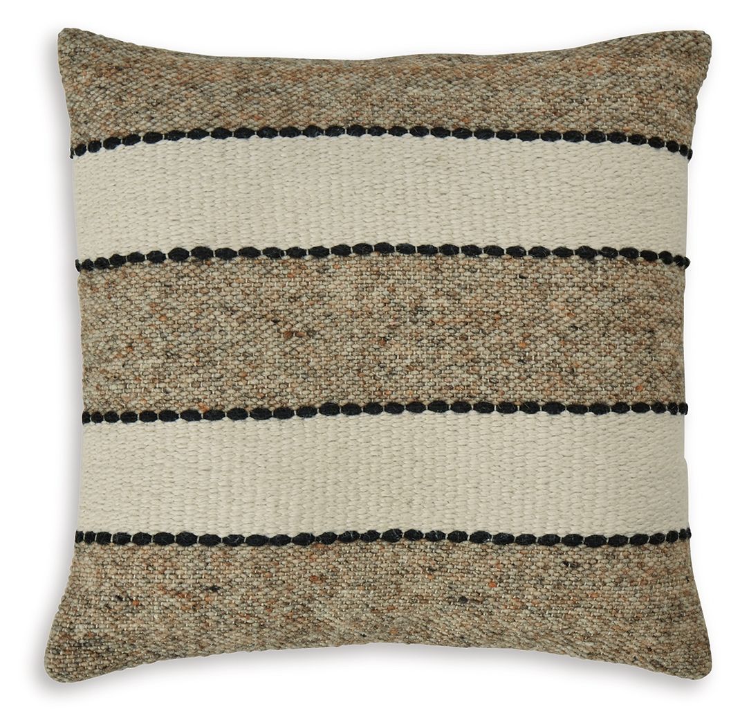 Square woven striped throw pillow in natural, brown, and black