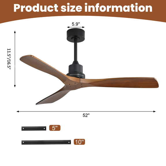 Ceiling fan size diagram: 52-inch three-blade light wood blades