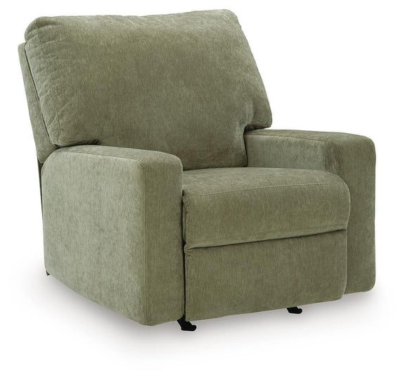 Green fabric rocker recliner with padded arms, cushioned seat, and tall backrest.