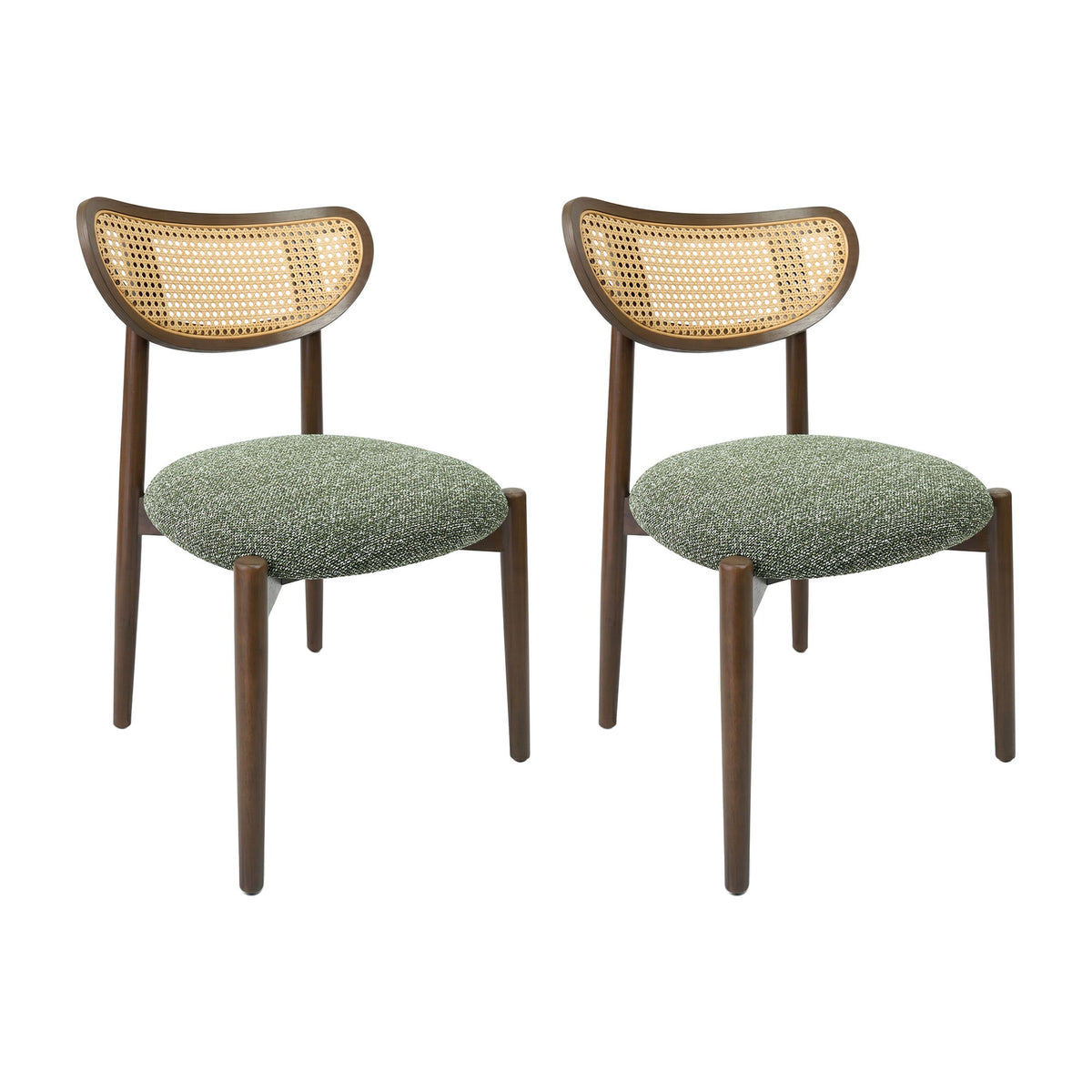 Pair of rattan dining chairs with green seats and dark wood frames