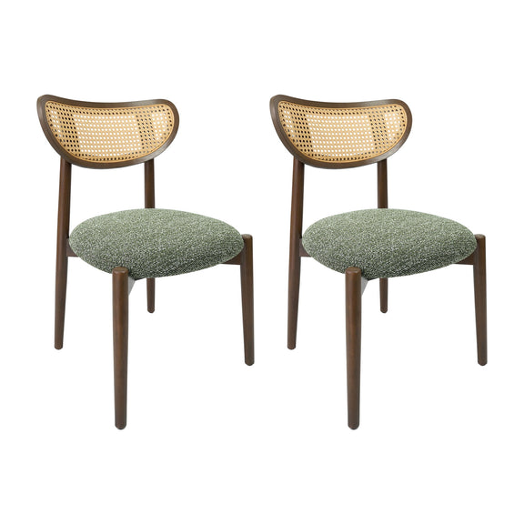 Pair of rattan dining chairs with green seats and dark wood frames