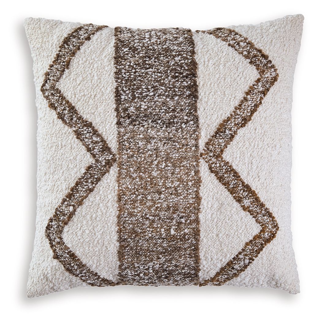 Ivory and brown patterned throw pillow with geometric diamond and X stitch detail