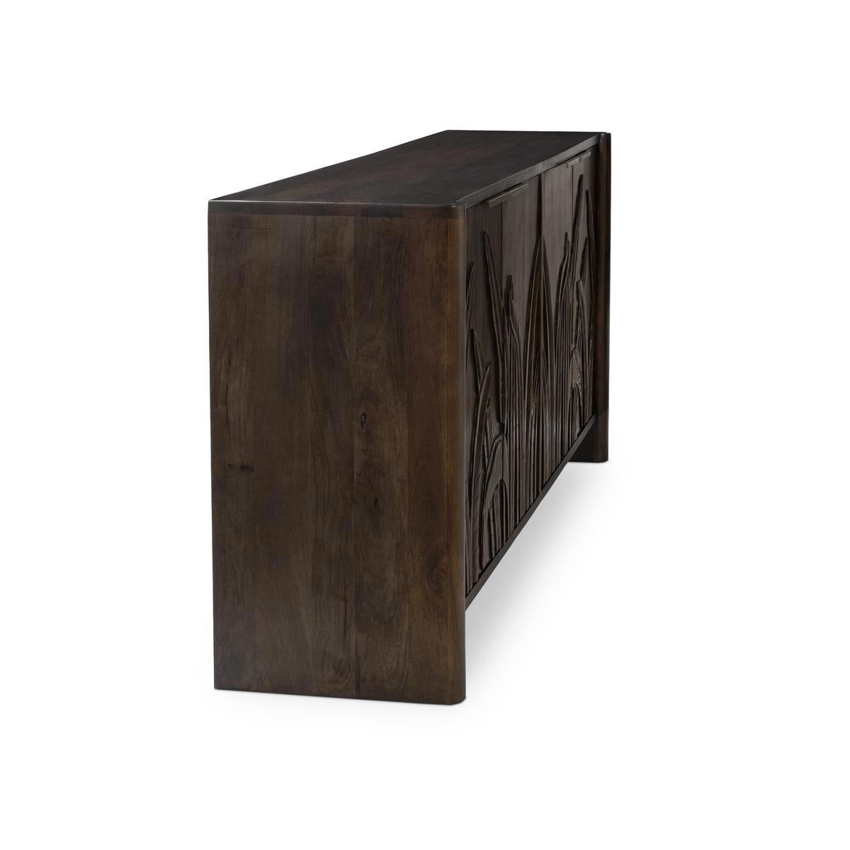 Dark brown wood 4-door buffet cabinet side panel with carved leaf detail
