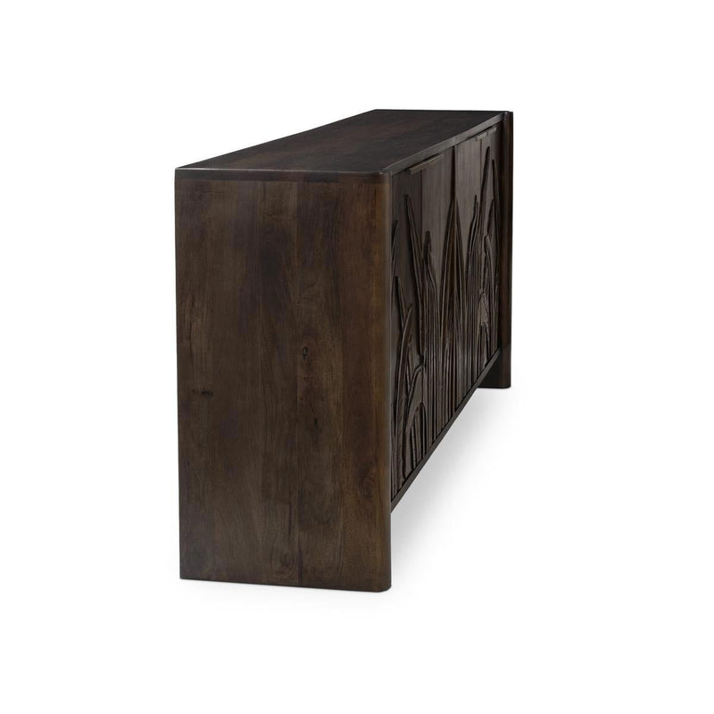 Dark brown wood 4-door buffet cabinet side panel with carved leaf detail