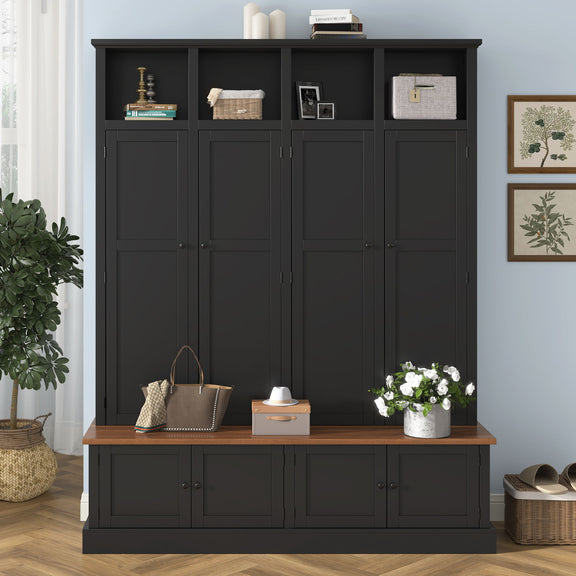Black hall tree with open cubbies, cabinet doors, and wood top bench surface.