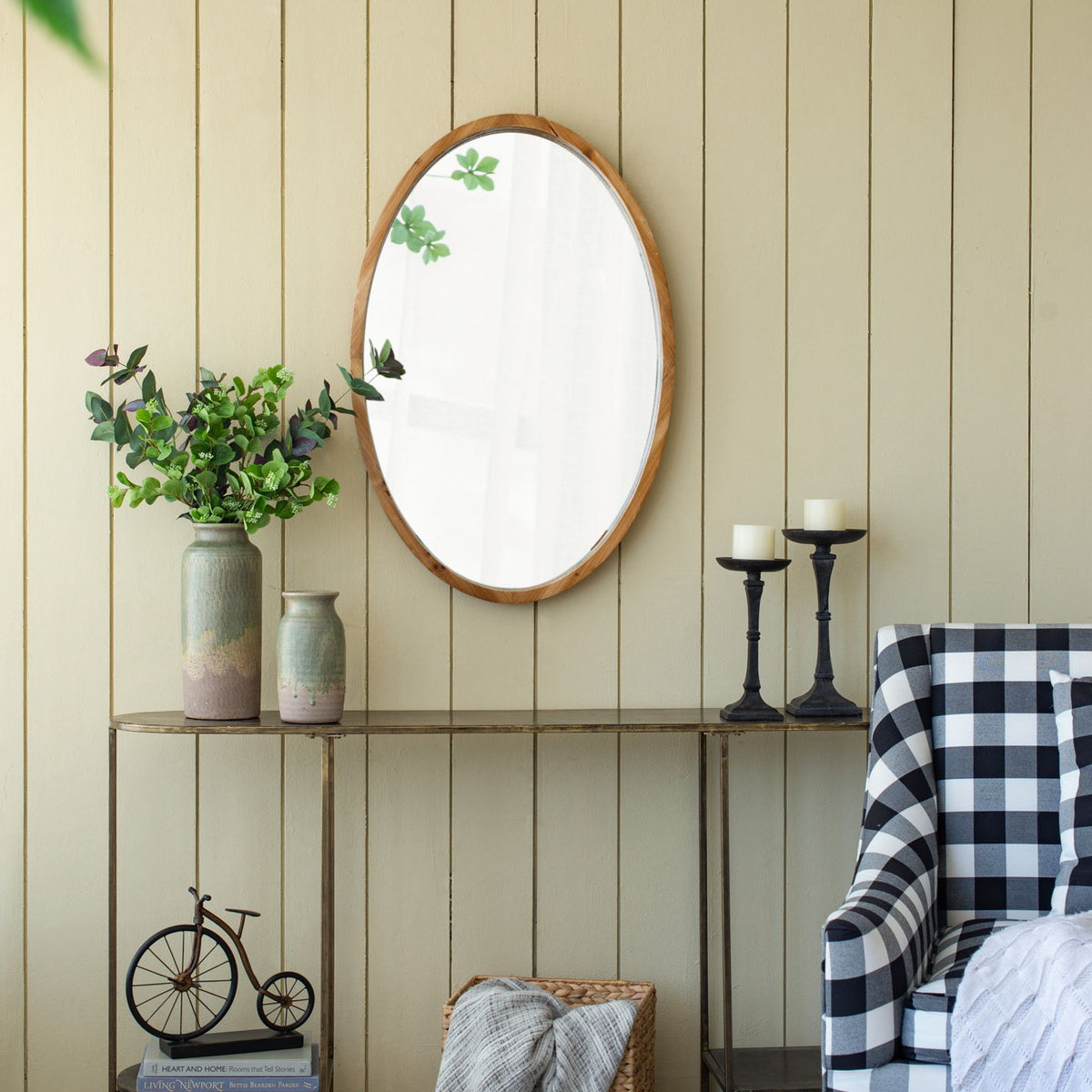 Oval Wall Mirror With Wood Frame, Farmhouse Wood Mirror For Bathroom Entryway Console Lean Against Wall - Brown