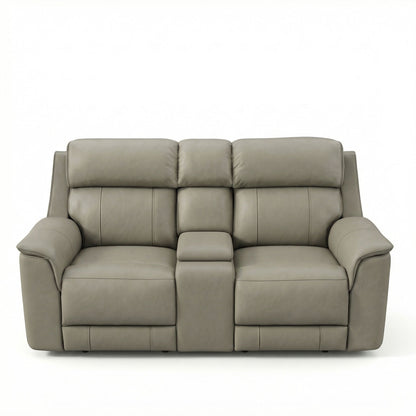Gray dual power reclining loveseat with center console and padded armrests