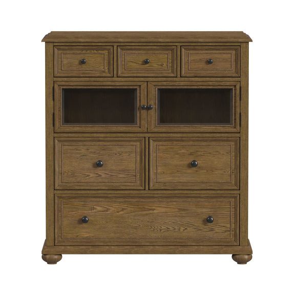 Dark brown wooden door chest with three drawers and two glass-front door compartments, knob pulls
