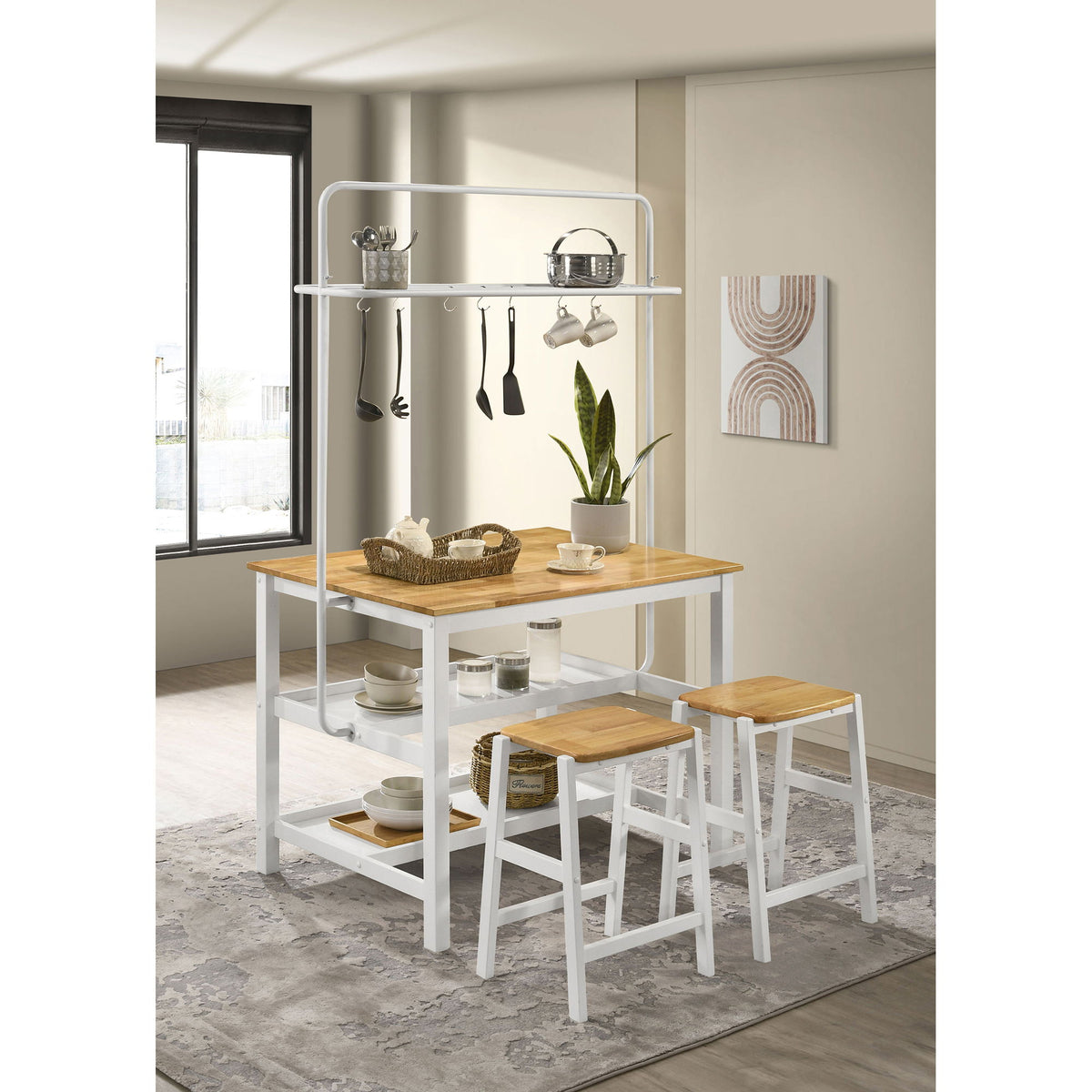 Prager - 3 Piece Kitchen Island Counter Table Set With Overhead Rack And Backless Stools - White