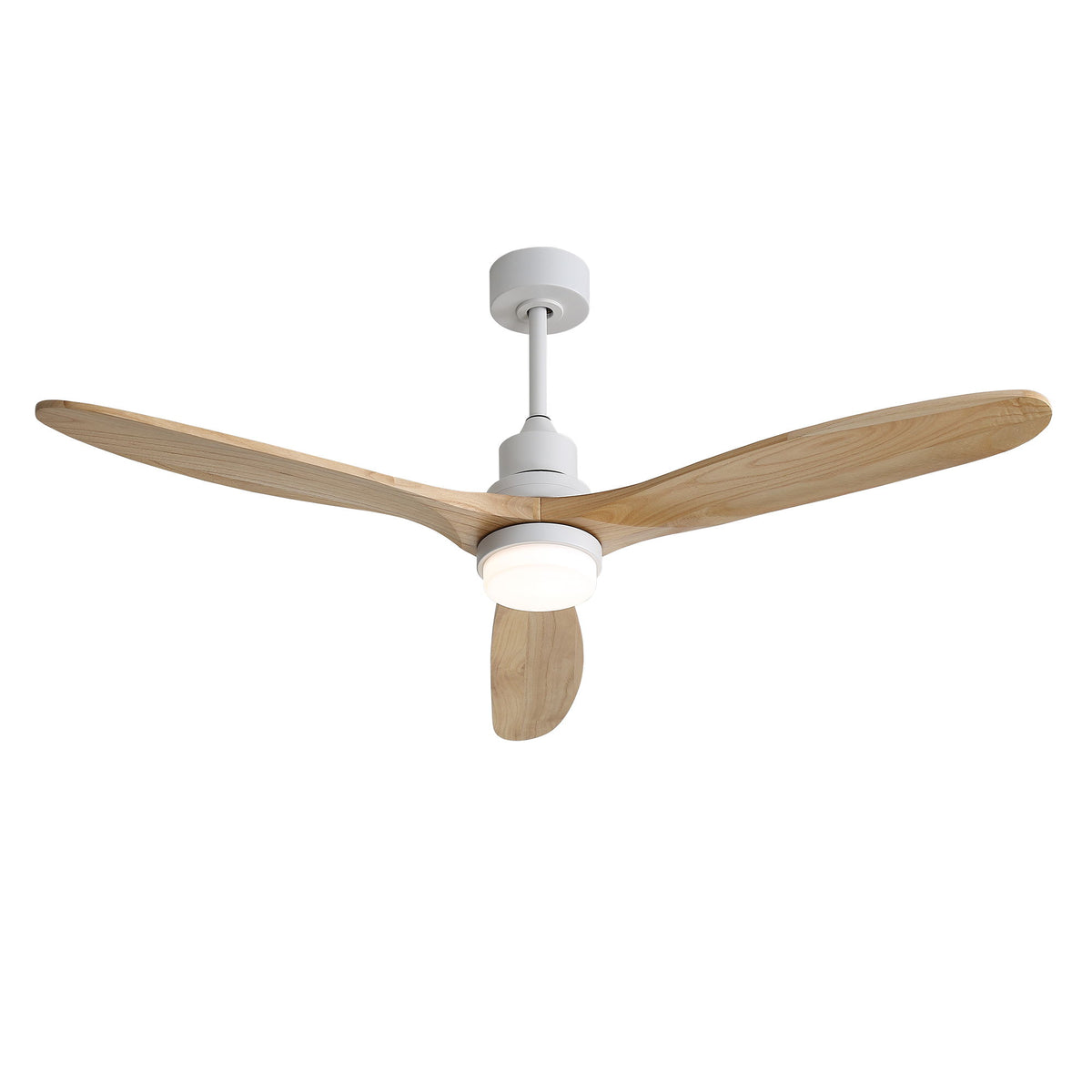 Ceiling fan with light, white housing and 3 wood-style blades
