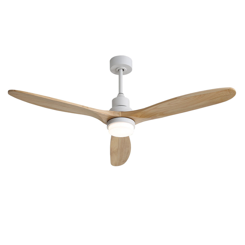 Ceiling fan with light, white housing and 3 wood-style blades