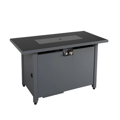 Dark gray rectangular fire pit with open burner and front control knobs