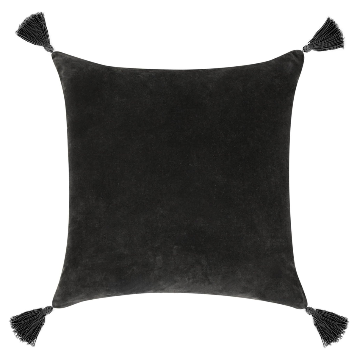 Dark charcoal solid throw pillow with tassel corners and square velvet-like fabric.