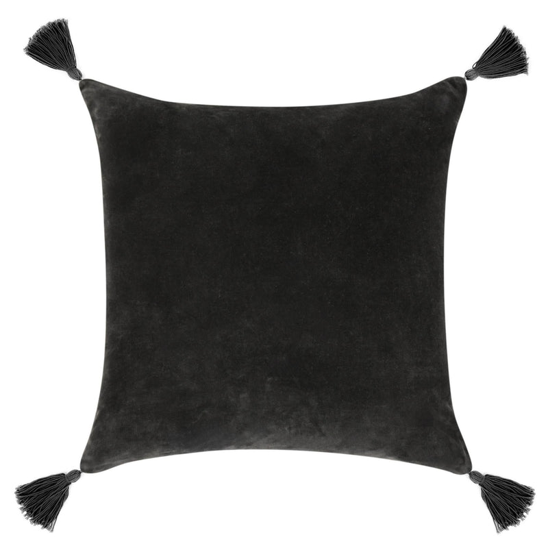 Dark charcoal solid throw pillow with tassel corners and square velvet-like fabric.