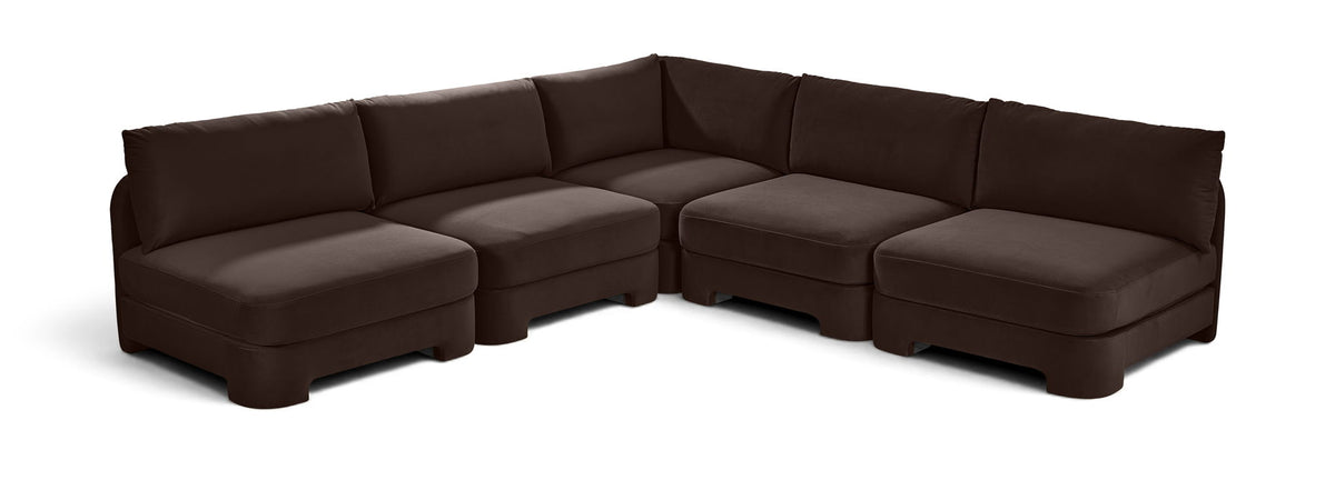Dark brown velvet 5-piece armless sectional sofa with corner and ottoman-style seats