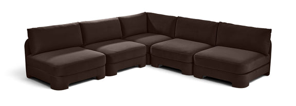 Dark brown velvet 5-piece armless sectional sofa with corner and ottoman-style seats