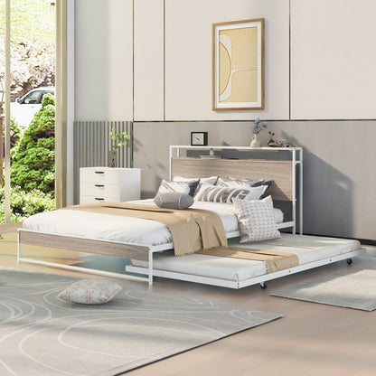 White platform bed frame with trundle and slat support, shown with a neatly styled bed