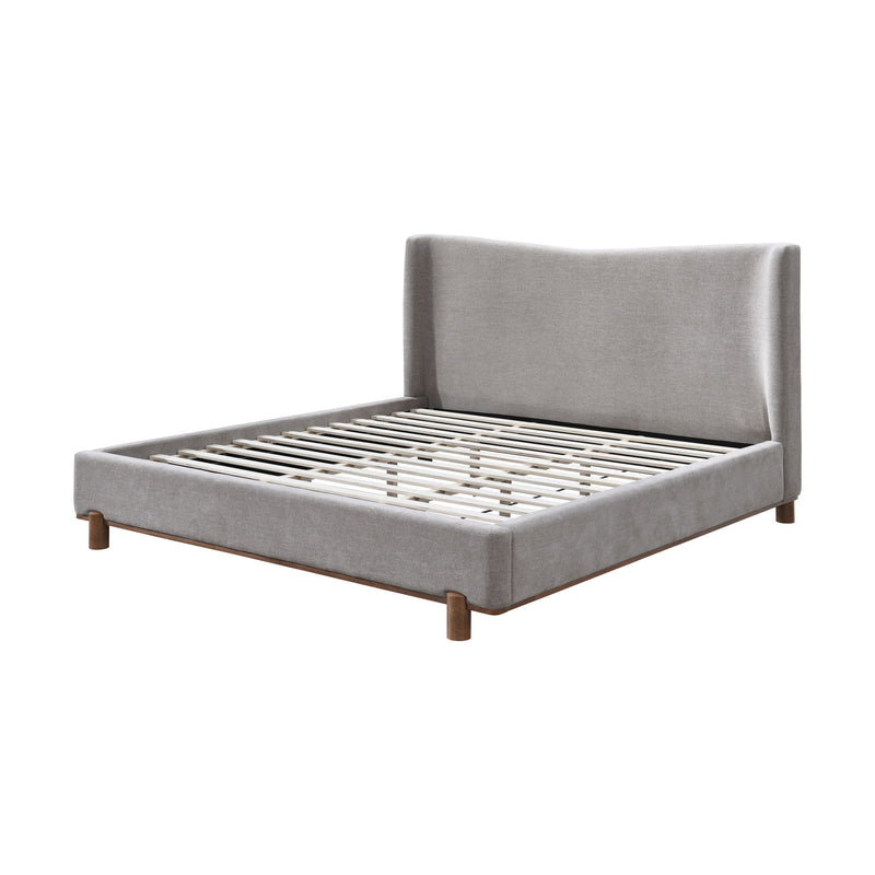 Gray upholstered bed with tall headboard and slatted base, wooden legs