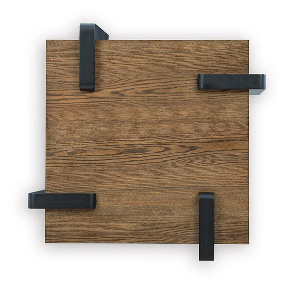 Rectangular tabletop with wood grain and four black corner handle-like accents