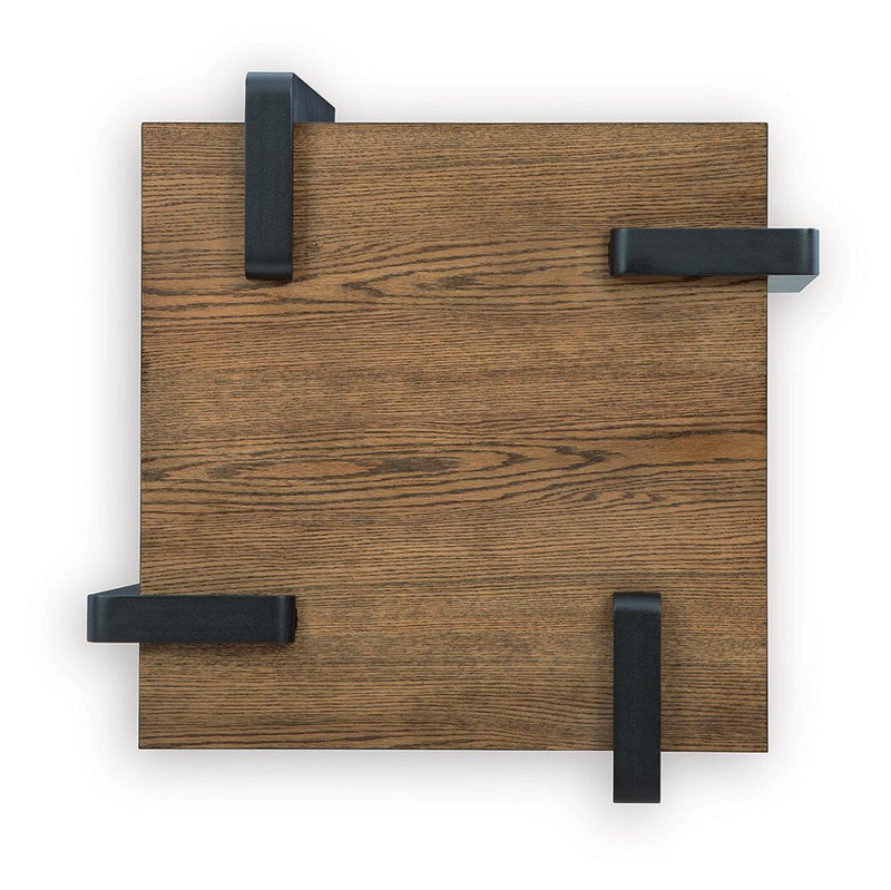 Rectangular tabletop with wood grain and four black corner handle-like accents