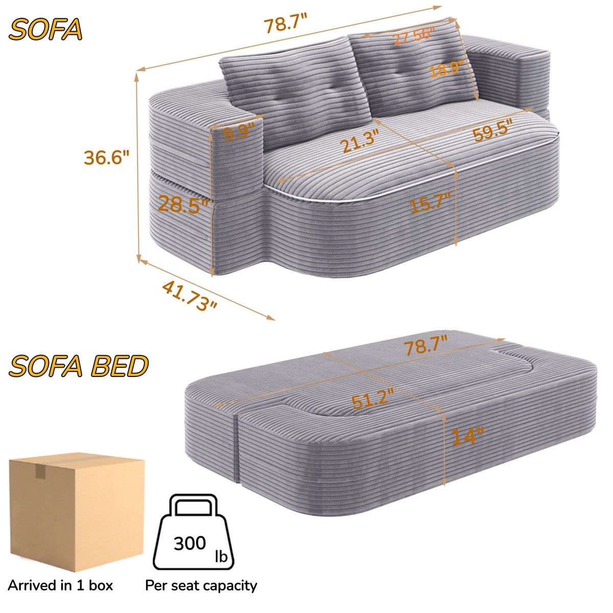 Gray convertible sofa bed set with size diagram showing sofa and bed dimensions