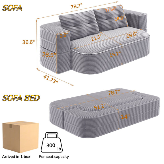 Gray convertible sofa bed set with size diagram showing sofa and bed dimensions