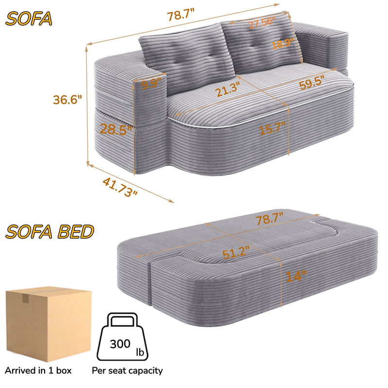 Gray convertible sofa bed set with size diagram showing sofa and bed dimensions