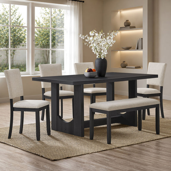 Rectangular dining table set with dark table and beige upholstered chairs, 6-chair arrangement