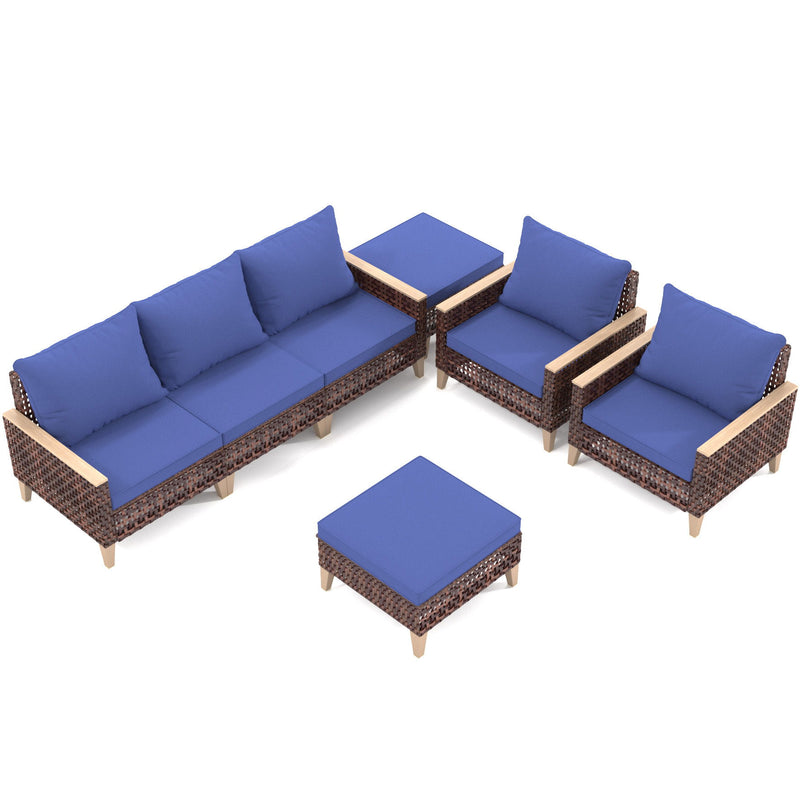 7 Pieces Patio, Wicker Dining Set With Removable Cushions Cotton And Rattan - Blue