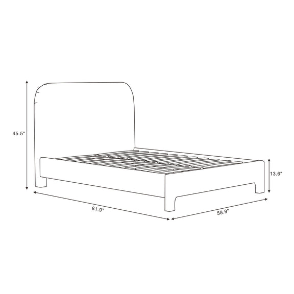 Upholstered bed frame with rounded headboard and slat support, with size measurements