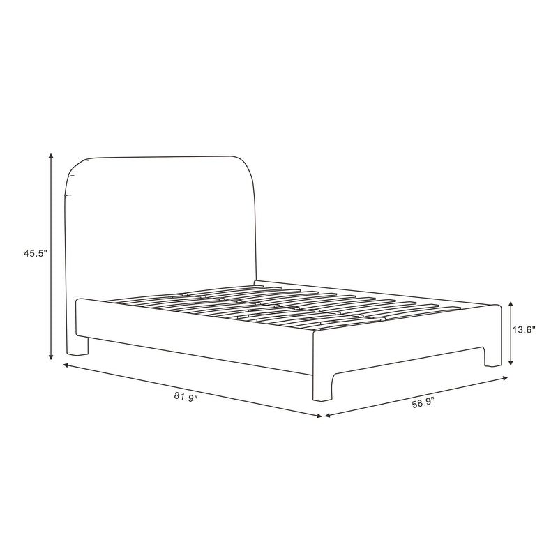 Upholstered bed frame with rounded headboard and slat support, with size measurements
